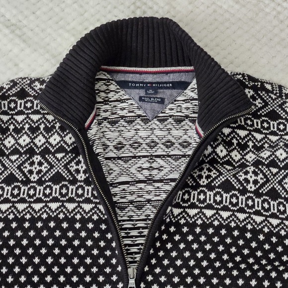 Tommy Hilfiger Men's Sweater Sz XL Zip Up Black White Graphic Print Wool Blend - Picture 5 of 16